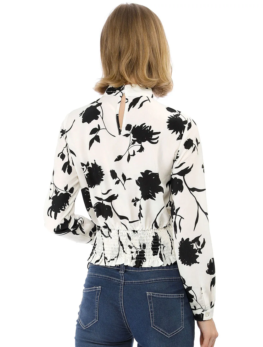 Stand Collar Long Sleeve Tie Smocked Waist Cropped Floral Blouse sold by Allegra K product image thumbnail 5