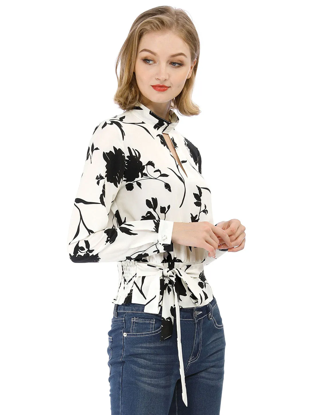 Stand Collar Long Sleeve Tie Smocked Waist Cropped Floral Blouse sold by Allegra K product image thumbnail 4