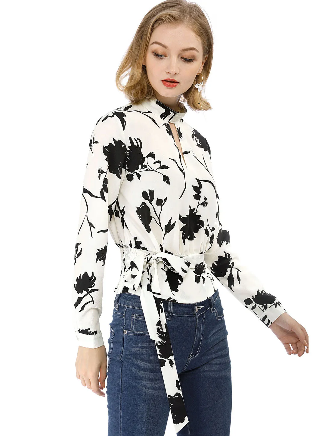 Stand Collar Long Sleeve Tie Smocked Waist Cropped Floral Blouse sold by Allegra K product image thumbnail 3