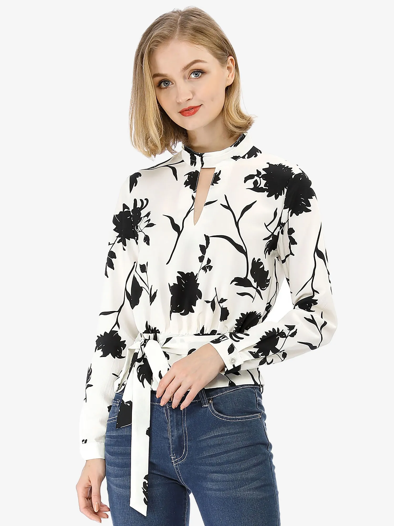 Stand Collar Long Sleeve Tie Smocked Waist Cropped Floral Blouse sold by Allegra K