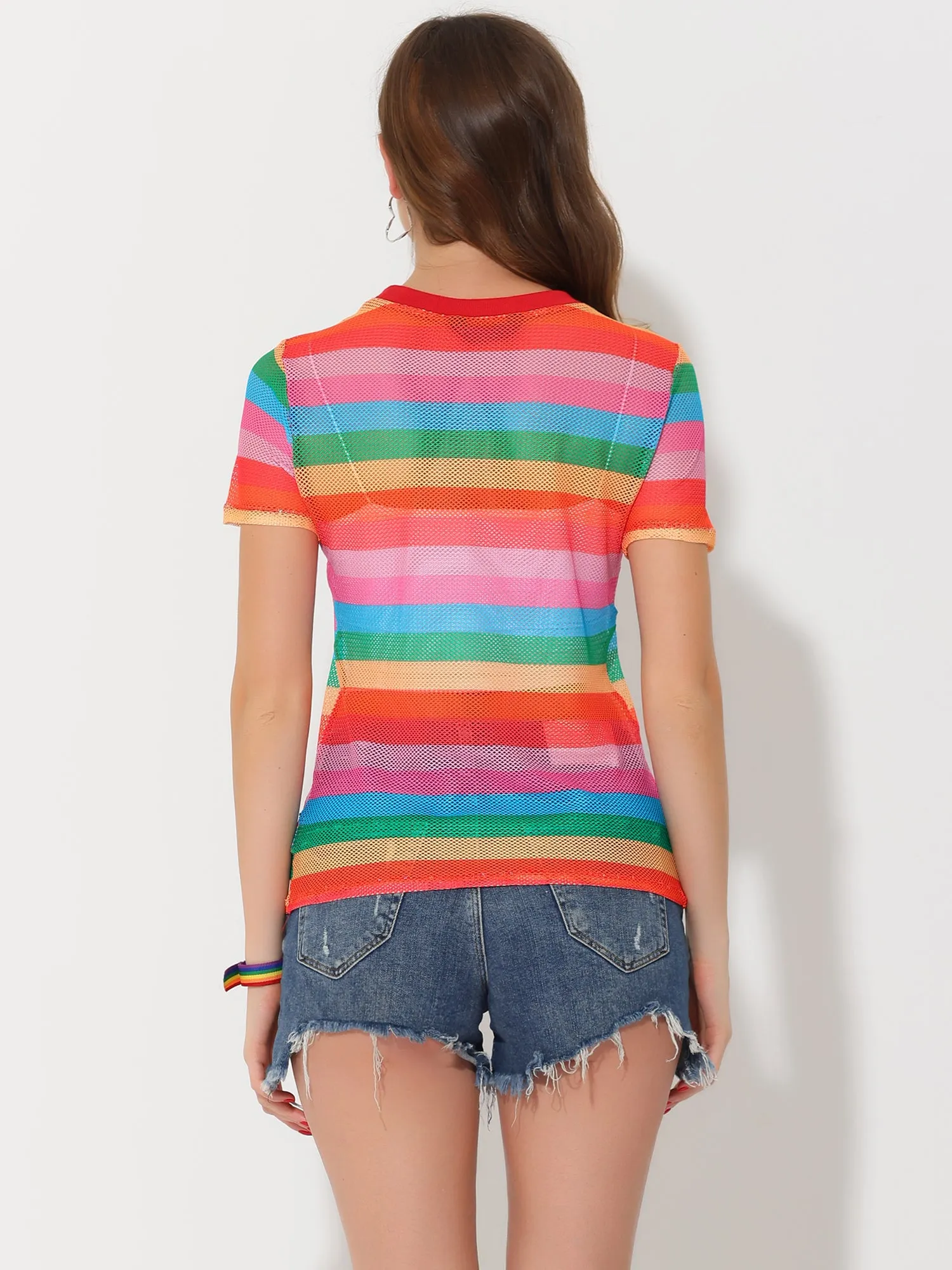 Rainbow Top Short Sleeve Sheer Stripe Mesh Shirt sold by Allegra K product image thumbnail 3