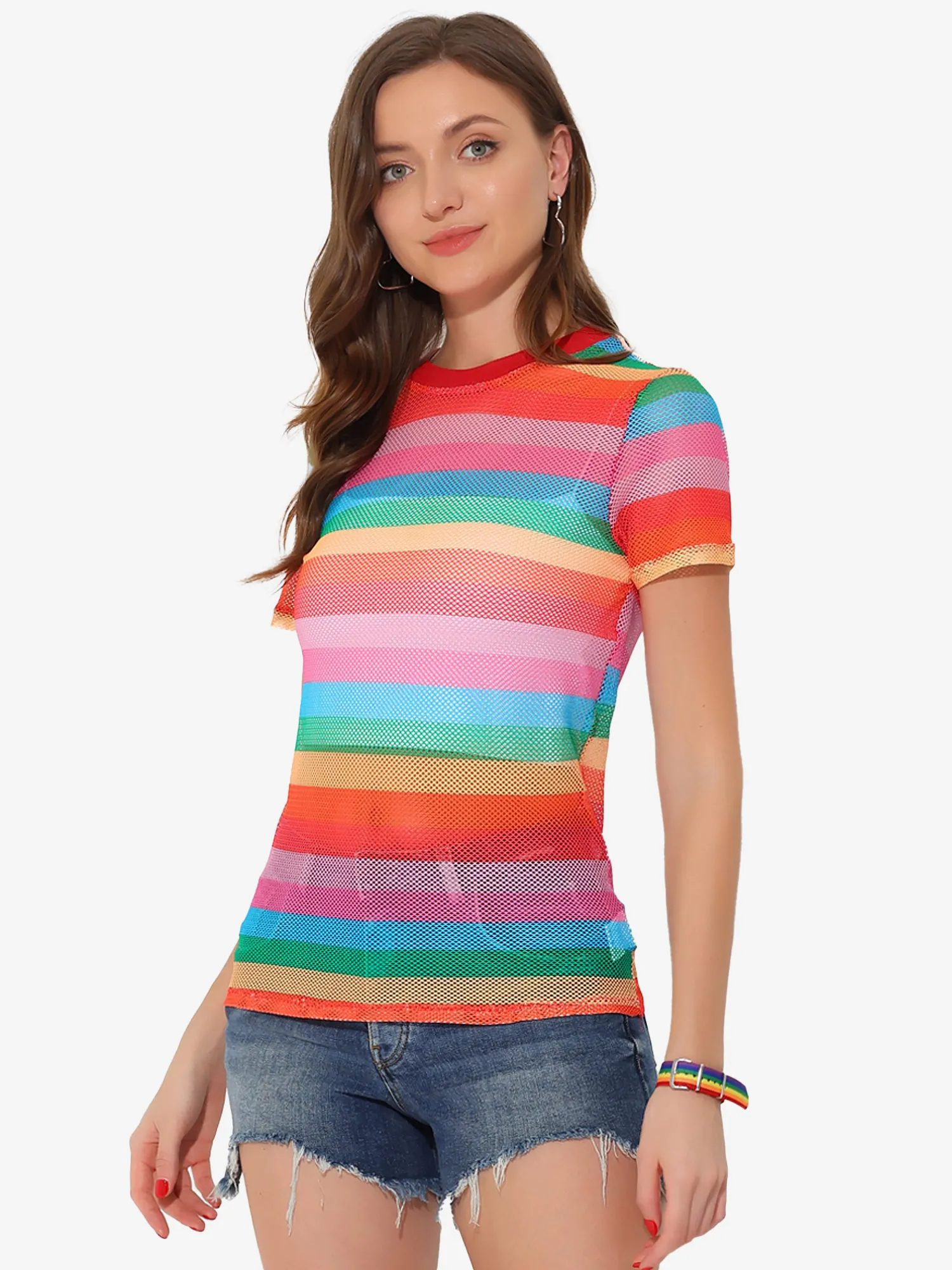 Rainbow Top Short Sleeve Sheer Stripe Mesh Shirt sold by Allegra K