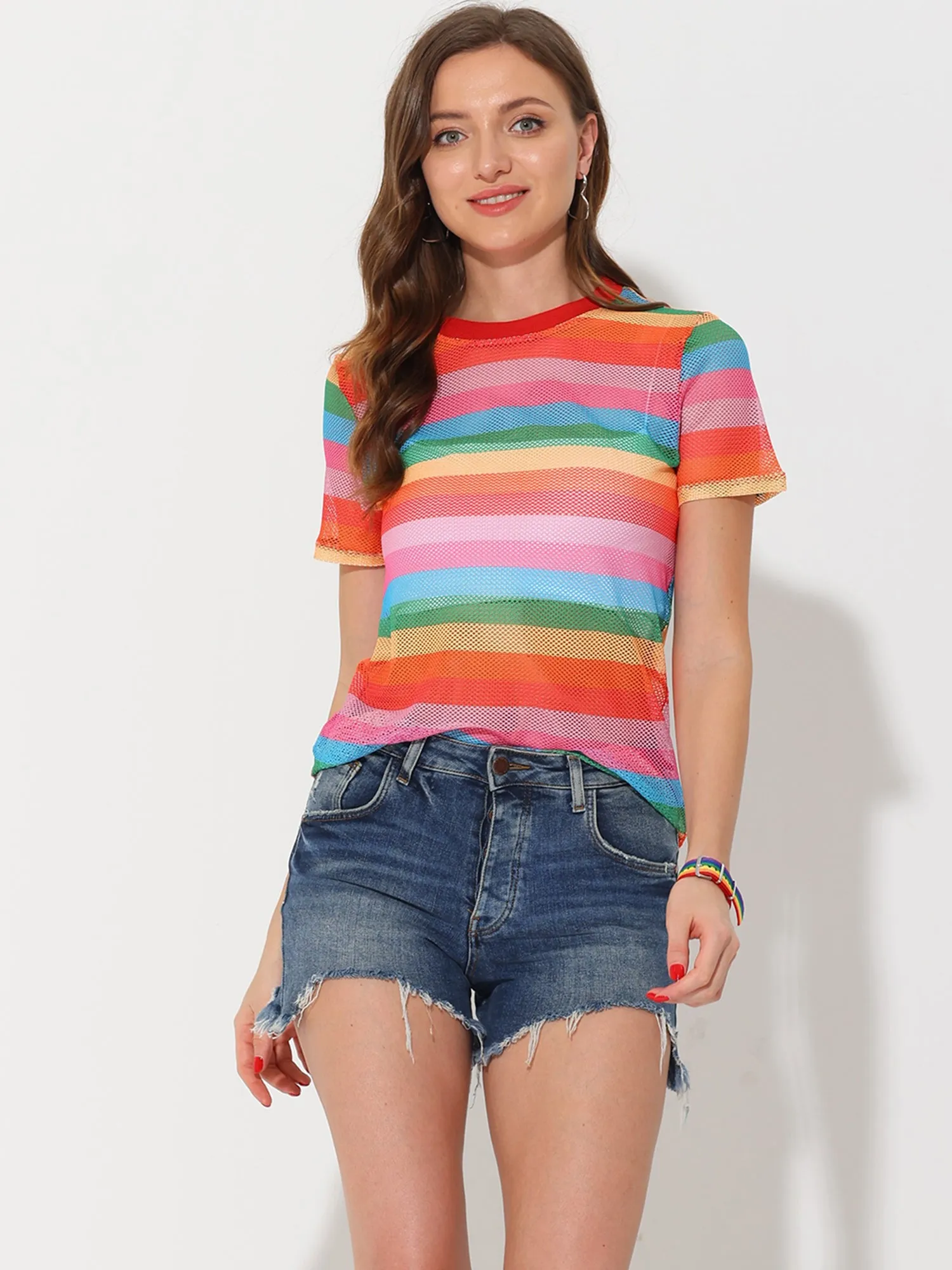 Rainbow Top Short Sleeve Sheer Stripe Mesh Shirt sold by Allegra K product image thumbnail 5