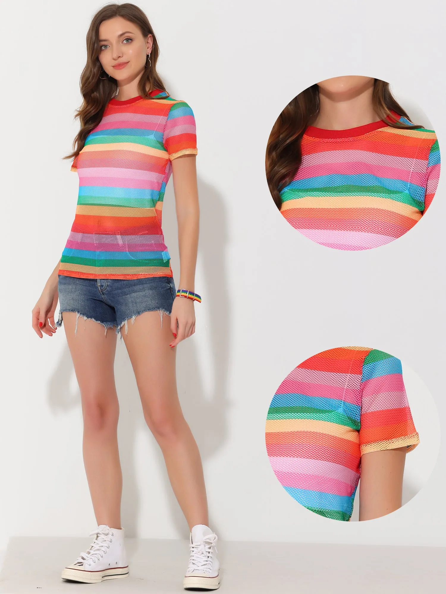 Rainbow Top Short Sleeve Sheer Stripe Mesh Shirt sold by Allegra K product image thumbnail 2