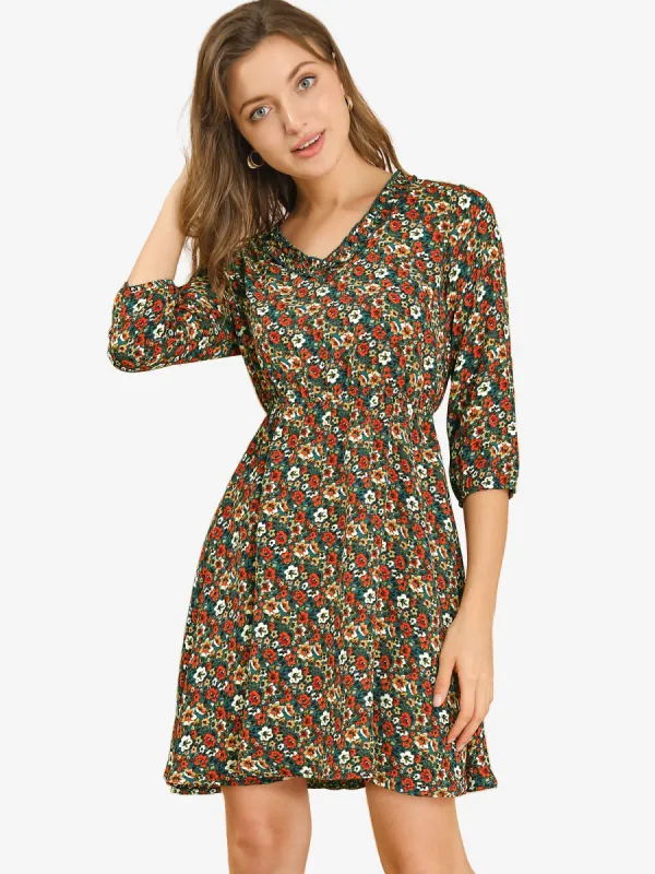 Vintage Floral Elastic Waist Ruffle V Neck 3/4 Puff Sleeve Dress sold by Allegra K