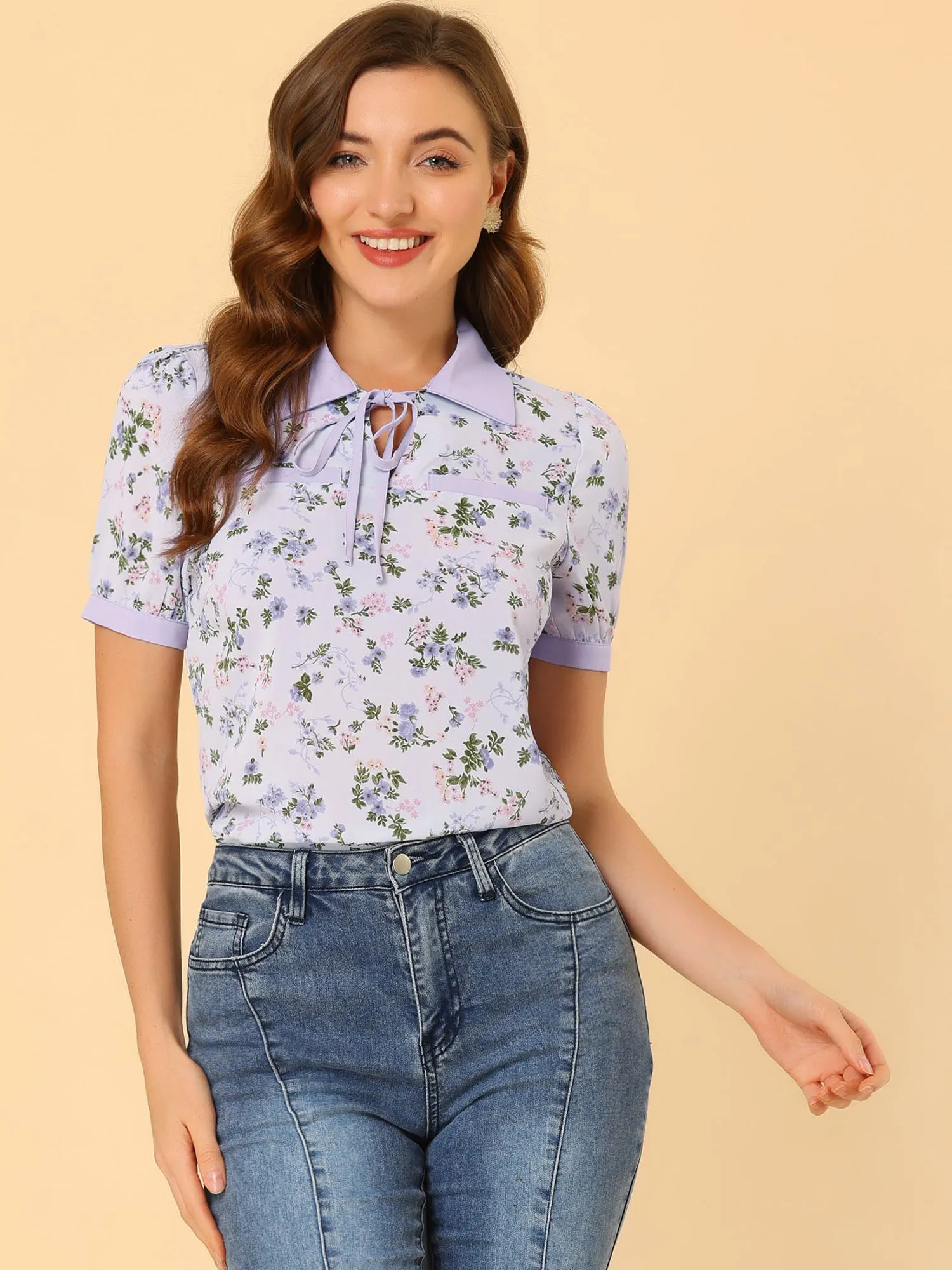 Floral Tops Collar Tie Neck Short Sleeve Chiffon Blouse sold by Allegra K
