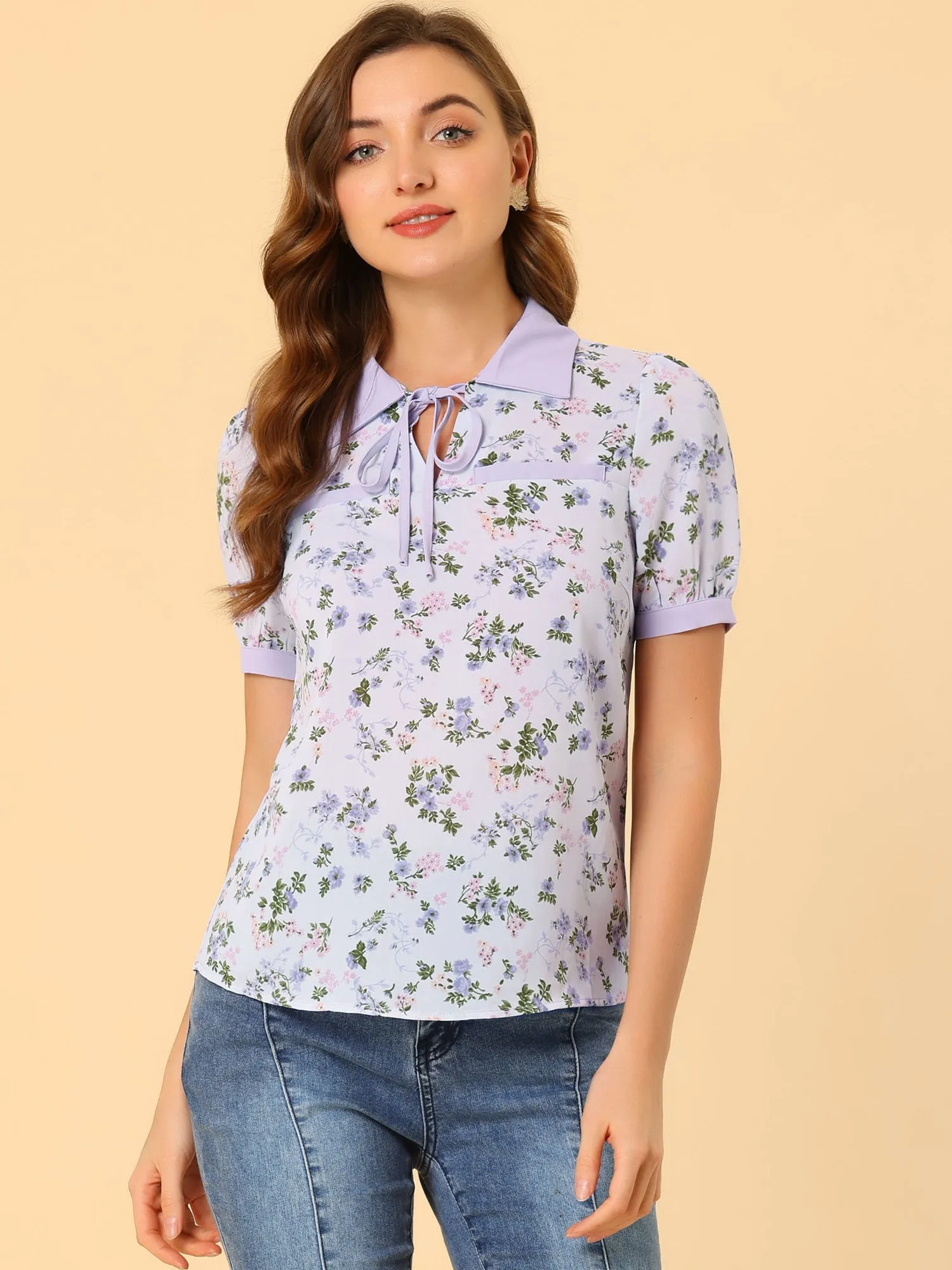 Floral Tops Collar Tie Neck Short Sleeve Chiffon Blouse sold by Allegra K product image thumbnail 2