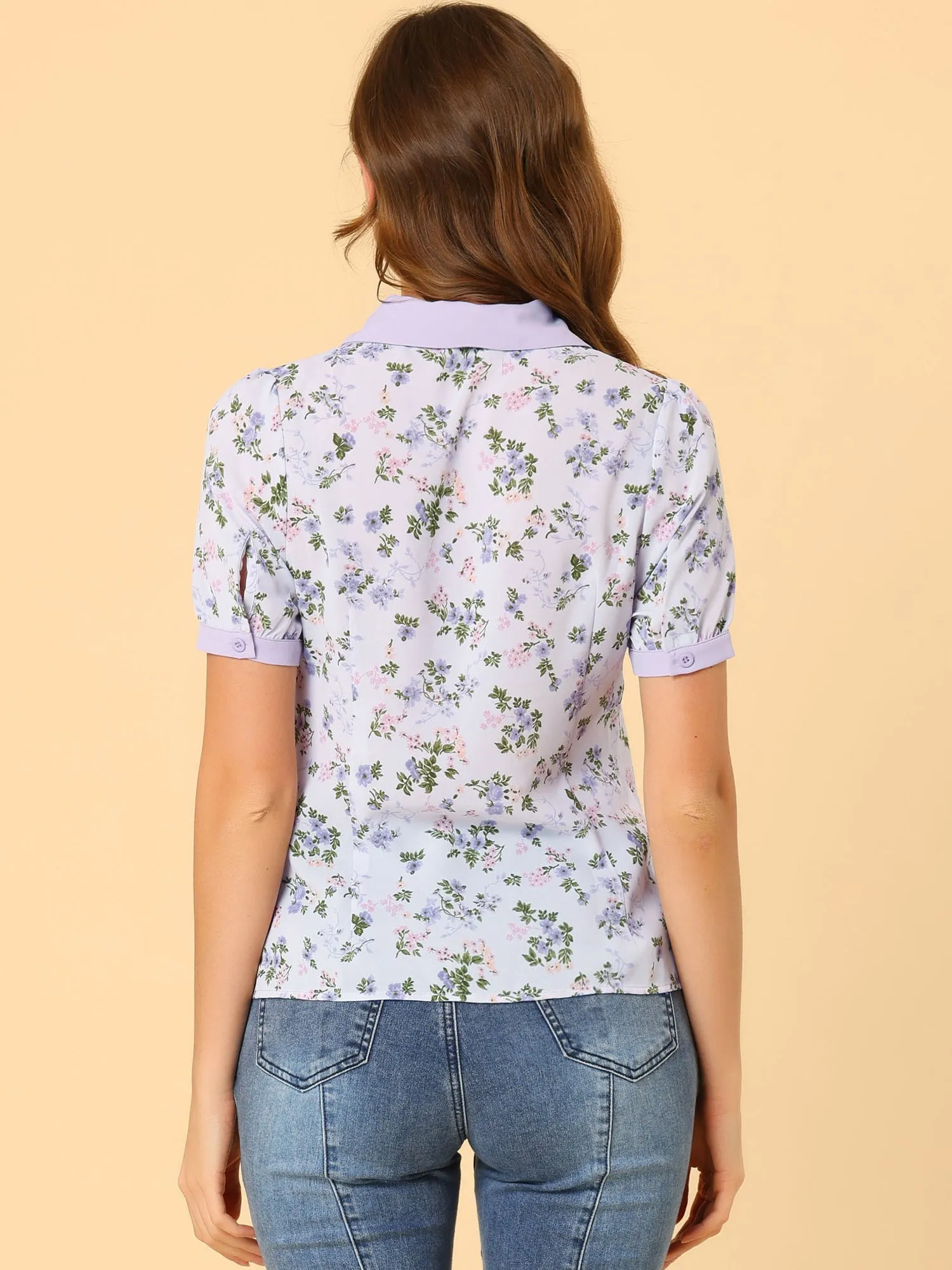 Floral Tops Collar Tie Neck Short Sleeve Chiffon Blouse sold by Allegra K product image thumbnail 4