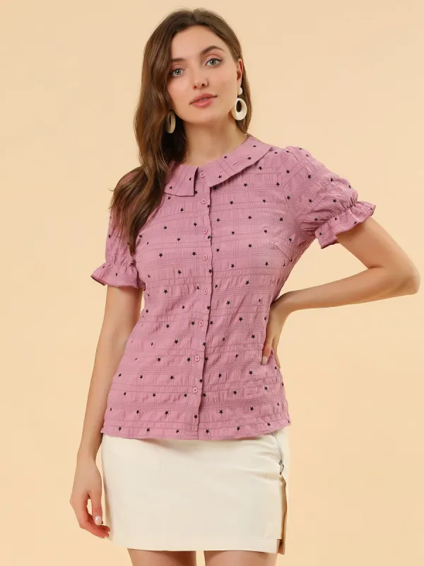 Peter Pan Collar Top Textured Stars Ruffle Button Down Shirt sold by Allegra K