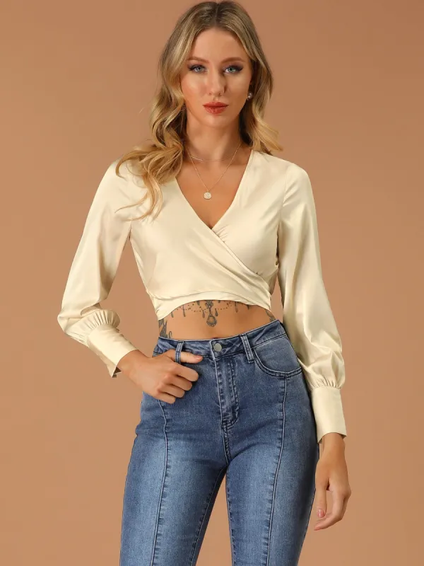 Wrap Tie Front Deep V Sexy Self Tie Satin Crop Top sold by Allegra K