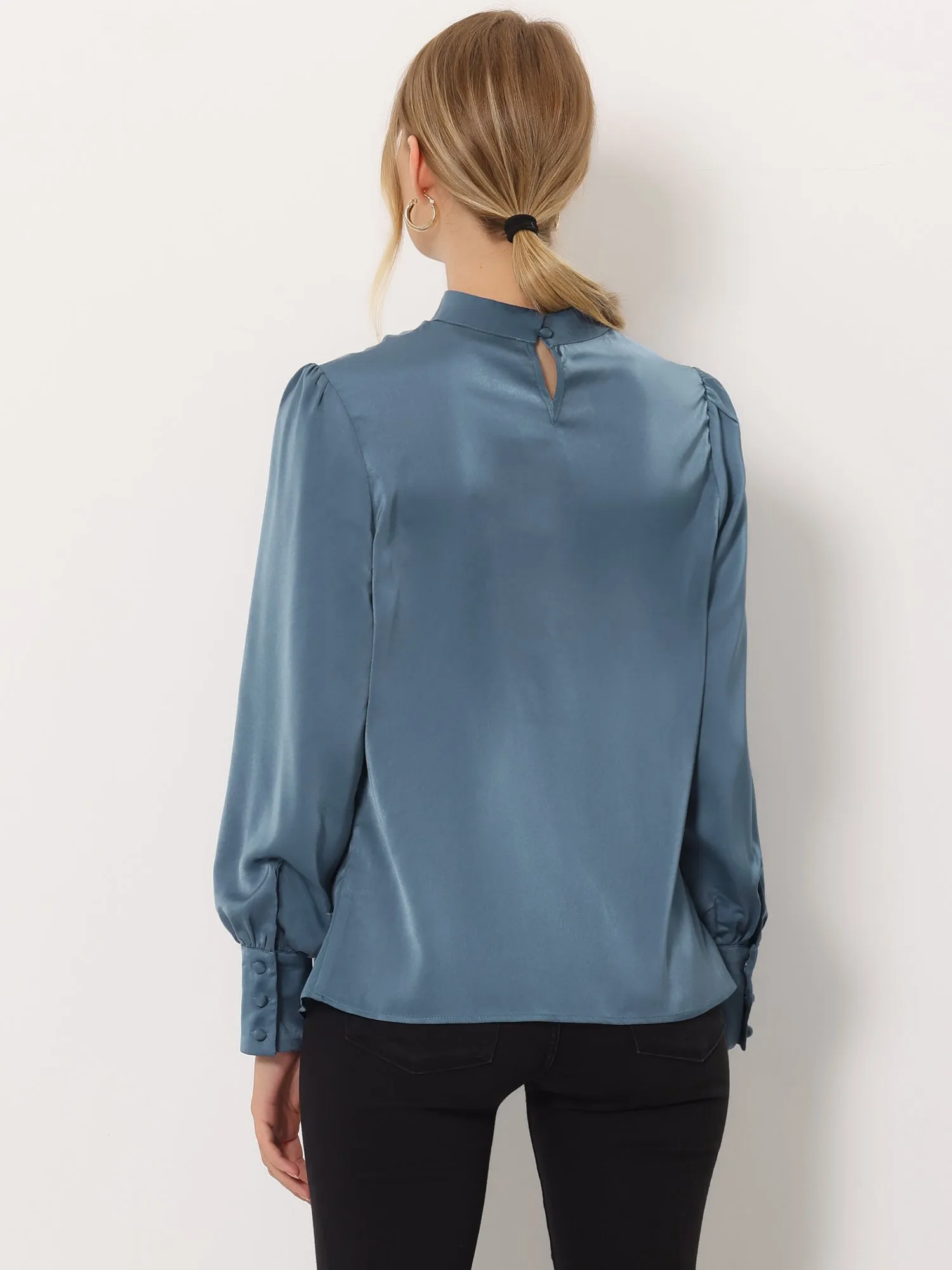 Elegant Choker Cowl Neck Top Puff Long Sleeve Work Satin Blouse sold by Allegra K product image thumbnail 3
