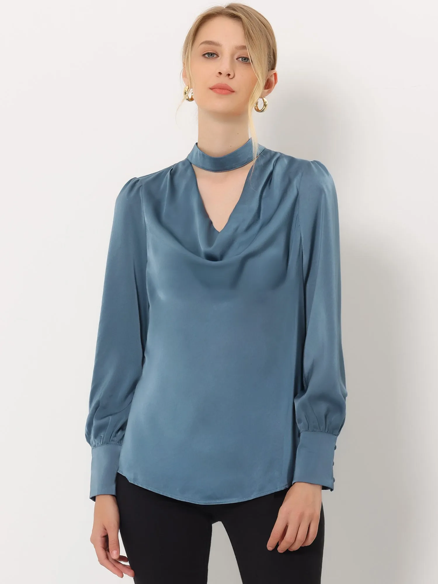 Elegant Choker Cowl Neck Top Puff Long Sleeve Work Satin Blouse sold by Allegra K product image thumbnail 2