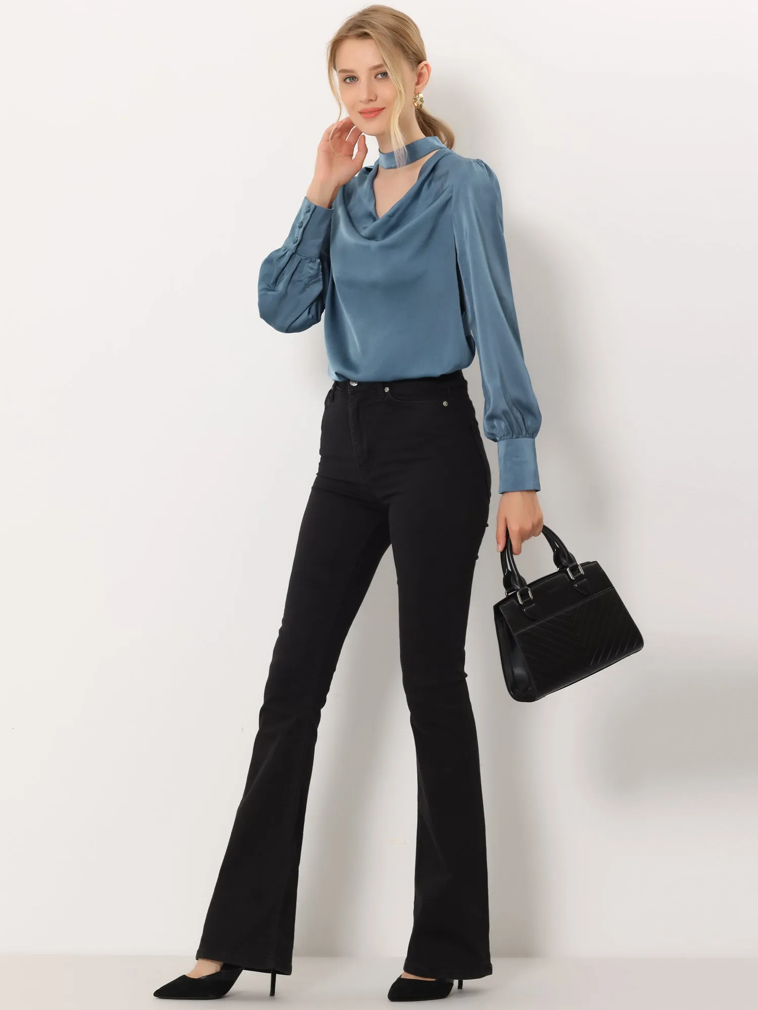 Elegant Choker Cowl Neck Top Puff Long Sleeve Work Satin Blouse sold by Allegra K