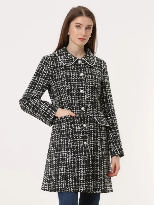 Doll Collar Plaid Tweed Winter Button Elegant Long Coat sold by Allegra K