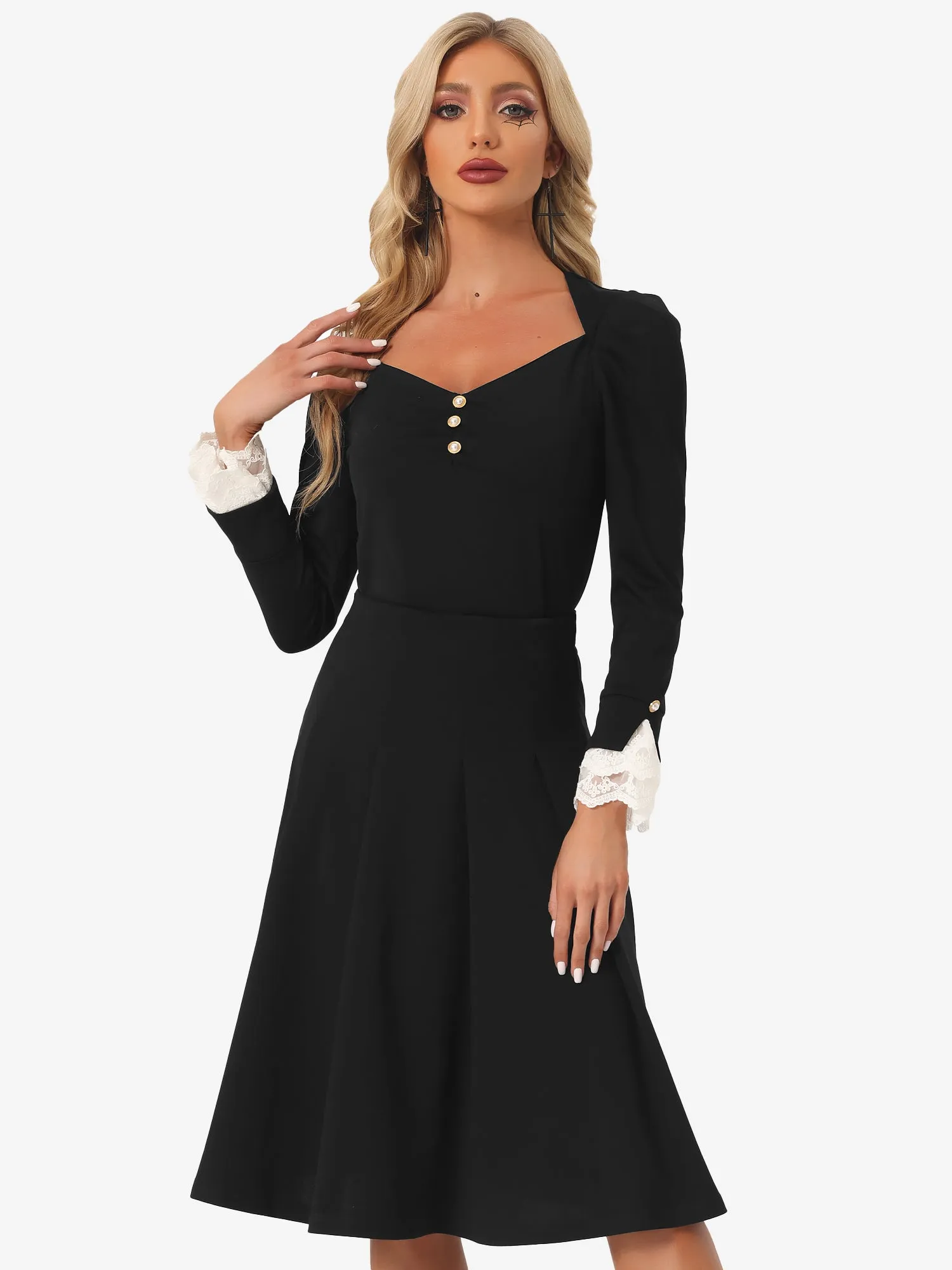 Victorian Retro Lace Trim Long Sleeve Sweetheart Neck Blouse sold by Allegra K