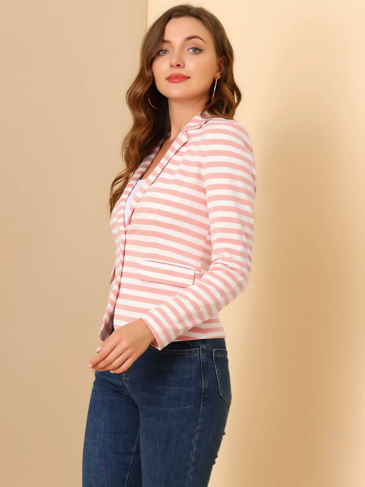 Notched Lapel Pocket Button Closure Striped Blazer sold by Allegra K product image thumbnail 3