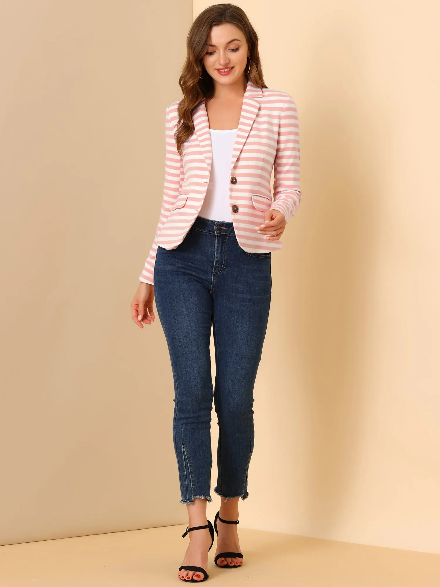 Notched Lapel Pocket Button Closure Striped Blazer sold by Allegra K product image thumbnail 2