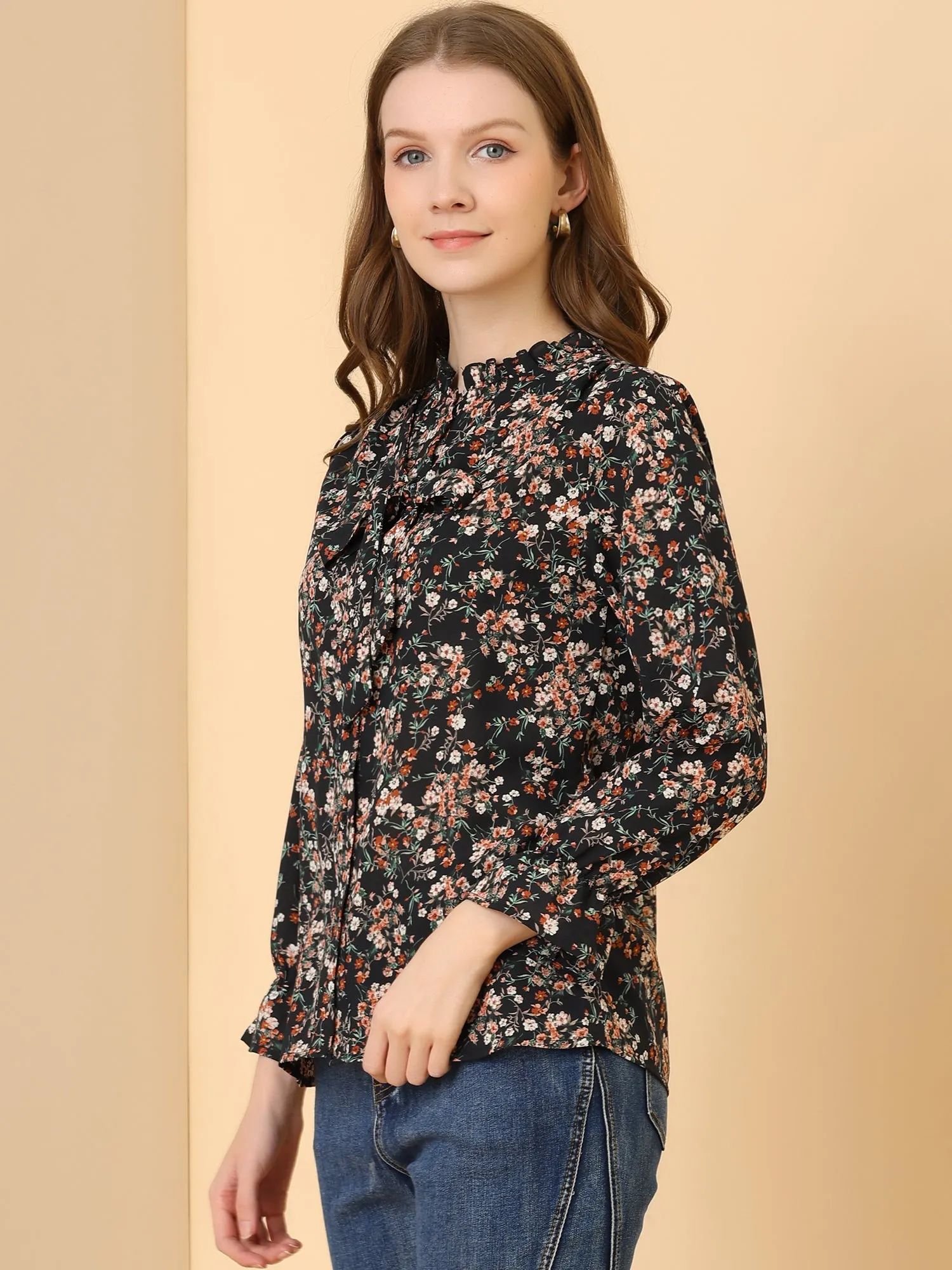 Vintage Floral Tie Neck Long Sleeve Ruffled Collar Peasant Blouse sold by Allegra K product image thumbnail 4