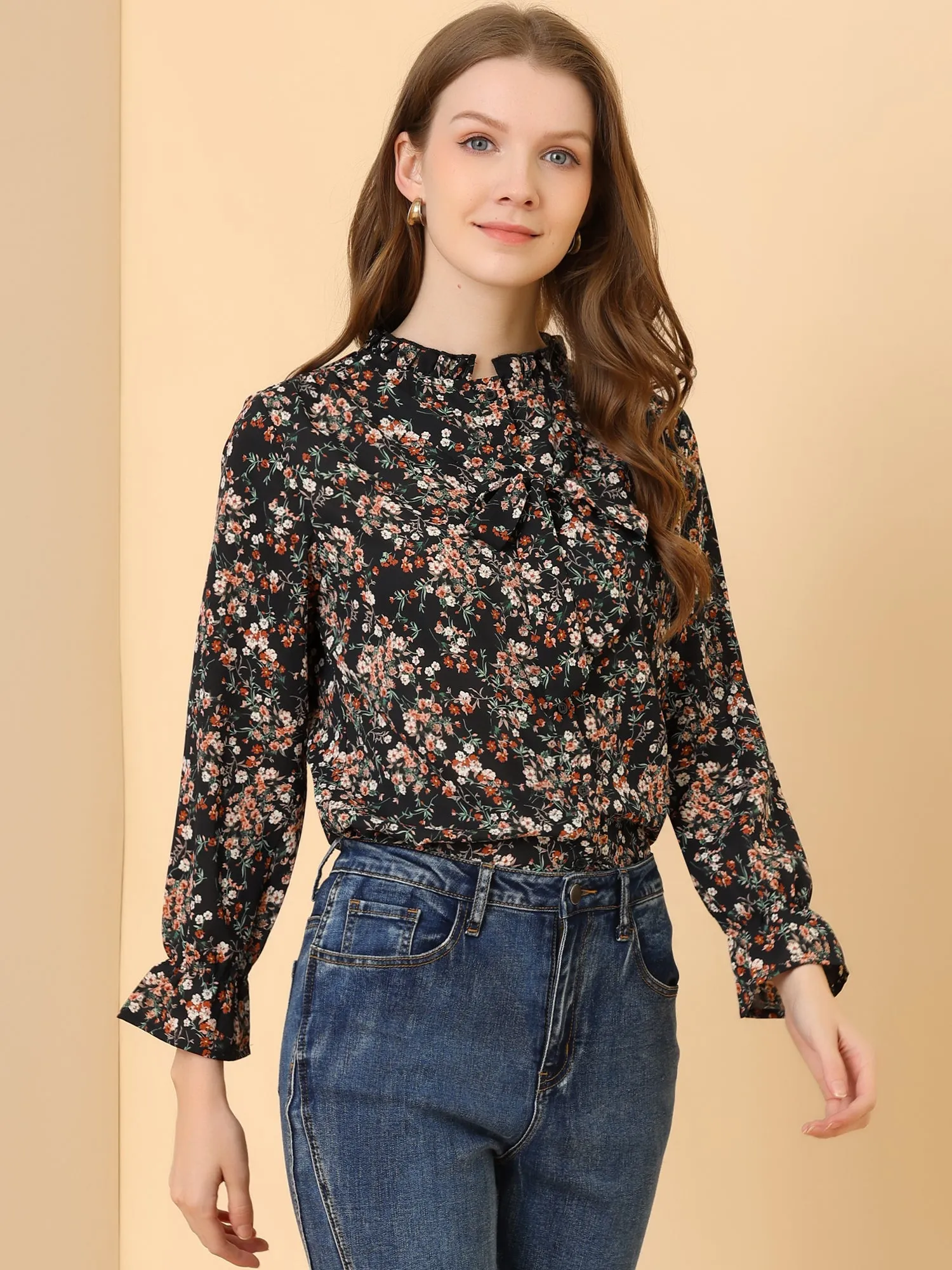 Vintage Floral Tie Neck Long Sleeve Ruffled Collar Peasant Blouse sold by Allegra K product image thumbnail 2