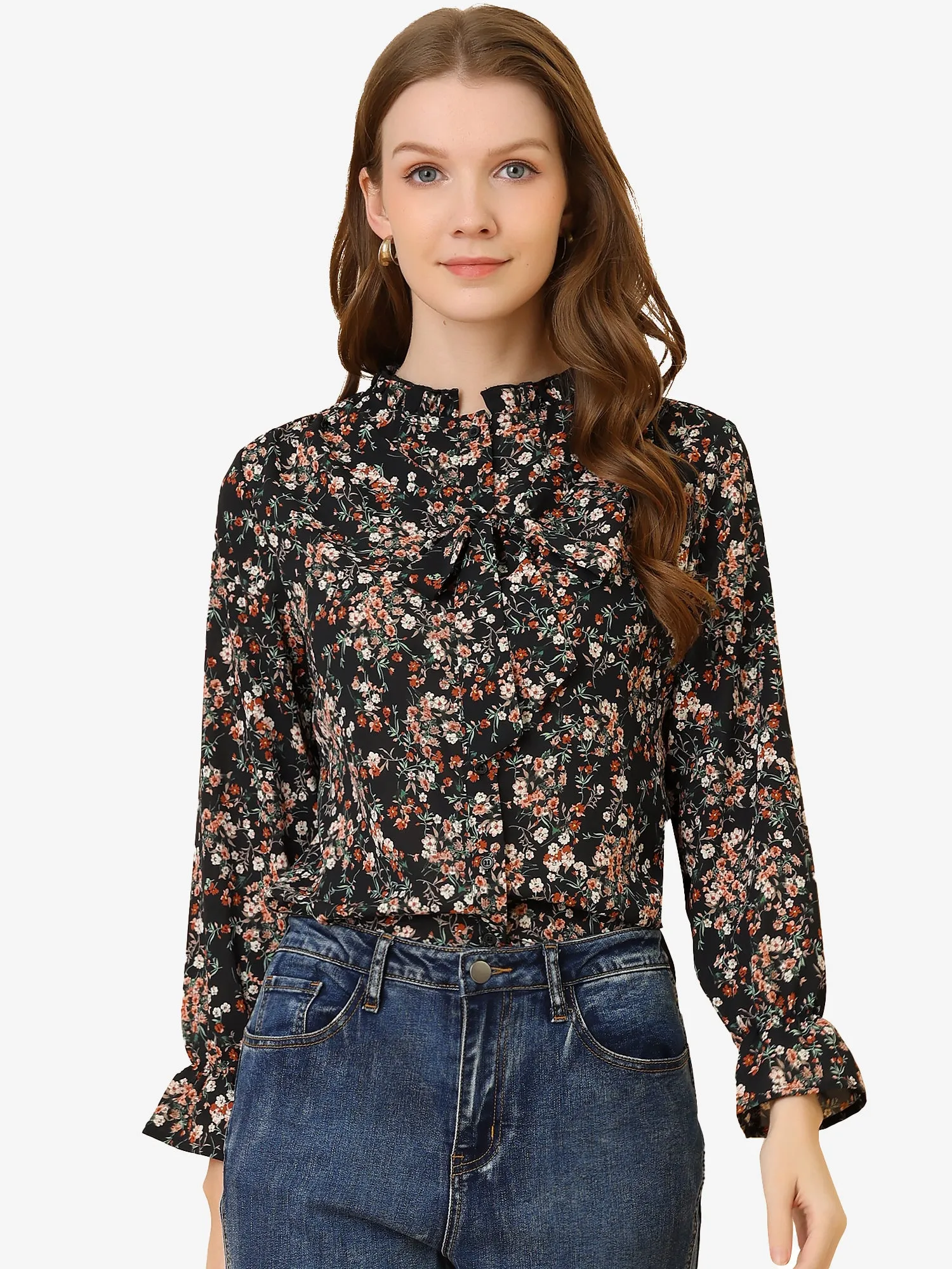 Vintage Floral Tie Neck Long Sleeve Ruffled Collar Peasant Blouse sold by Allegra K