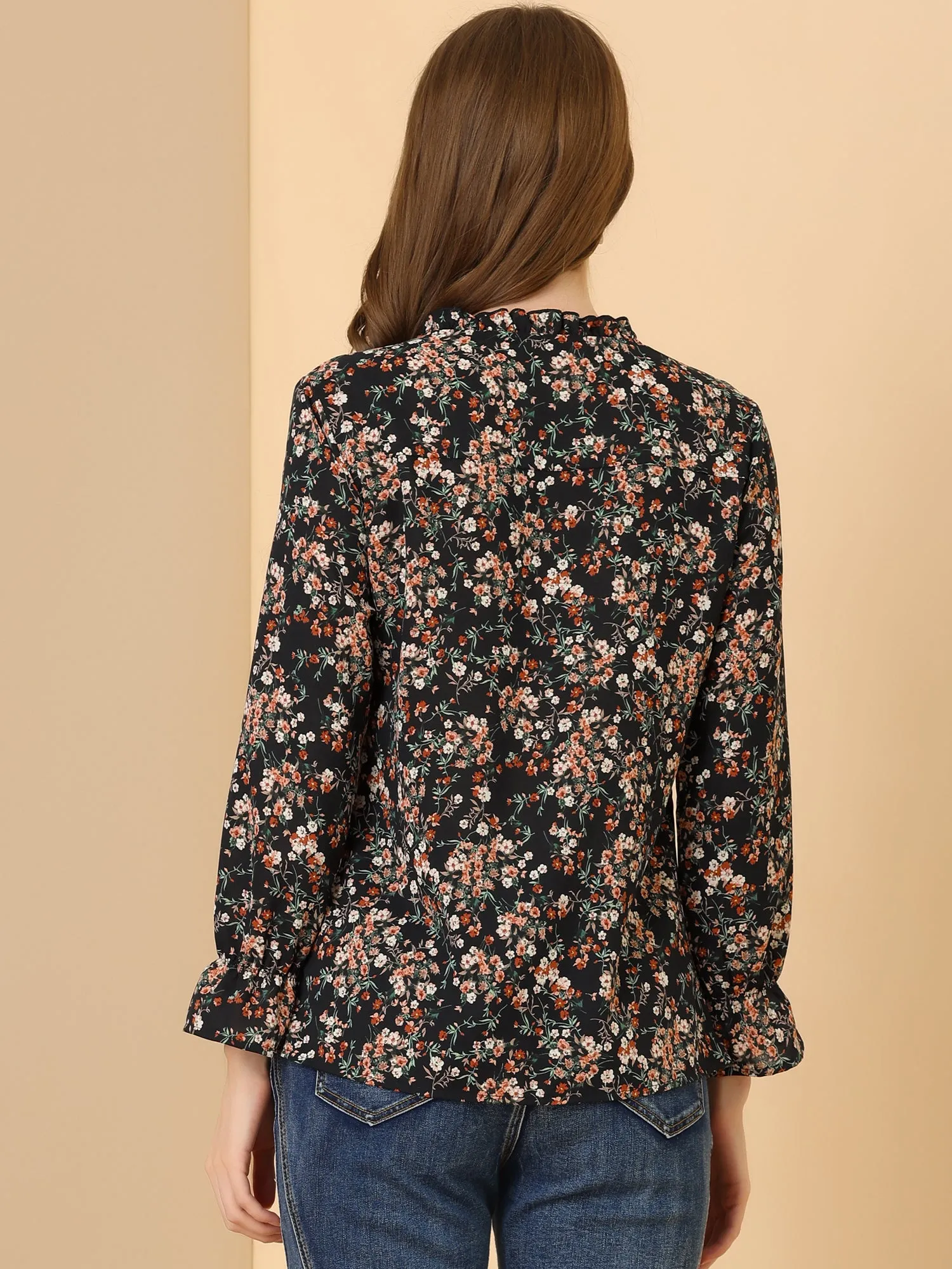 Vintage Floral Tie Neck Long Sleeve Ruffled Collar Peasant Blouse sold by Allegra K product image thumbnail 5