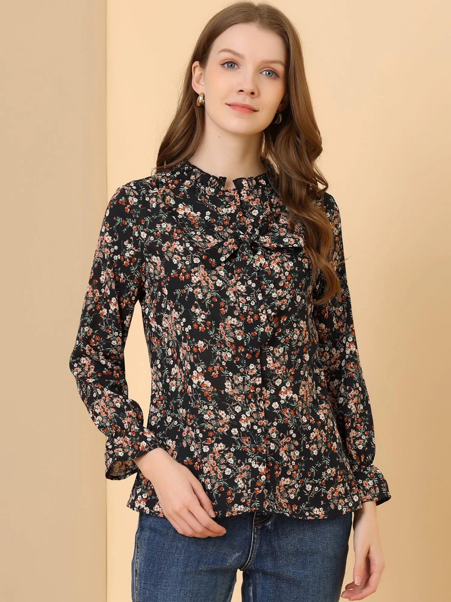 Vintage Floral Tie Neck Long Sleeve Ruffled Collar Peasant Blouse sold by Allegra K product image thumbnail 3