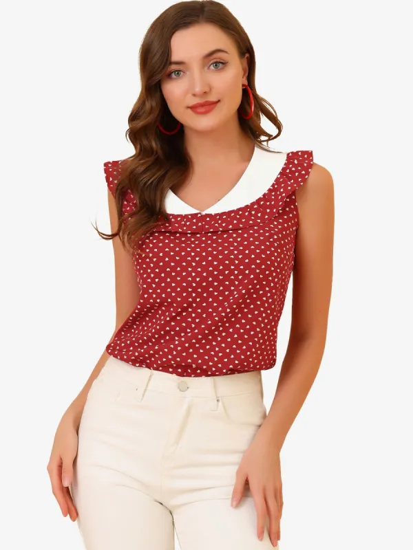 Summer Sleeveless Contrast Collar Ruffle V Neck Heart Print Blouse sold by Allegra K