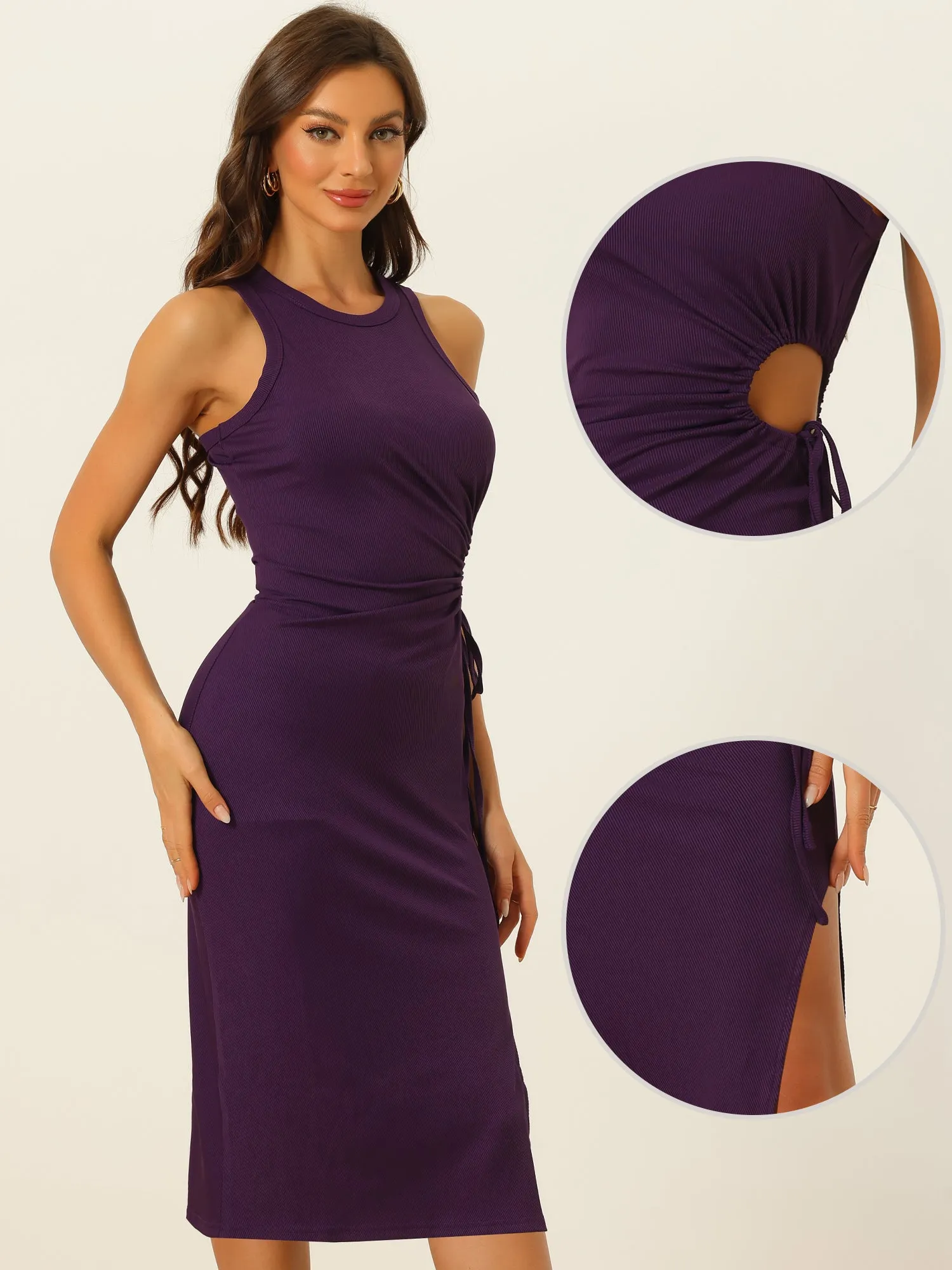 Ribbed Knit Round Neck Cut Out Waist Side Slit Tank Sleeveless Maxi Dress sold by Allegra K product image thumbnail 2