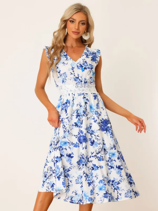 Boho Chic V Neck Lace Insert Waist Midi Floral Sundress sold by Allegra K