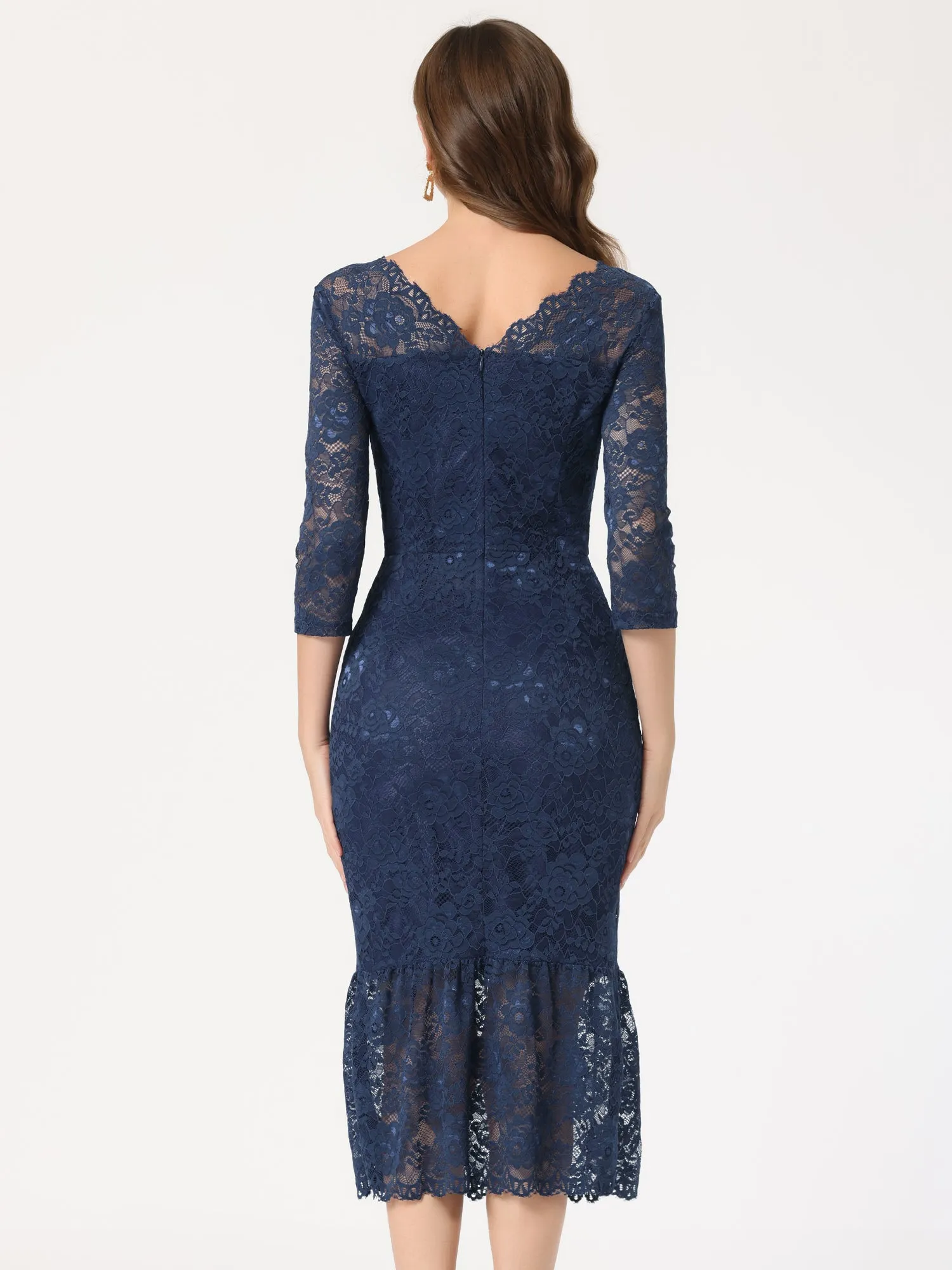 V Neck 3/4 Sleeve Floral Lace Ruffle Hem Mermaid Bodycon Dress sold by Allegra K product image thumbnail 5