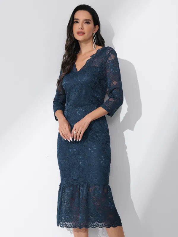 V Neck 3/4 Sleeve Floral Lace Ruffle Hem Mermaid Bodycon Dress sold by Allegra K