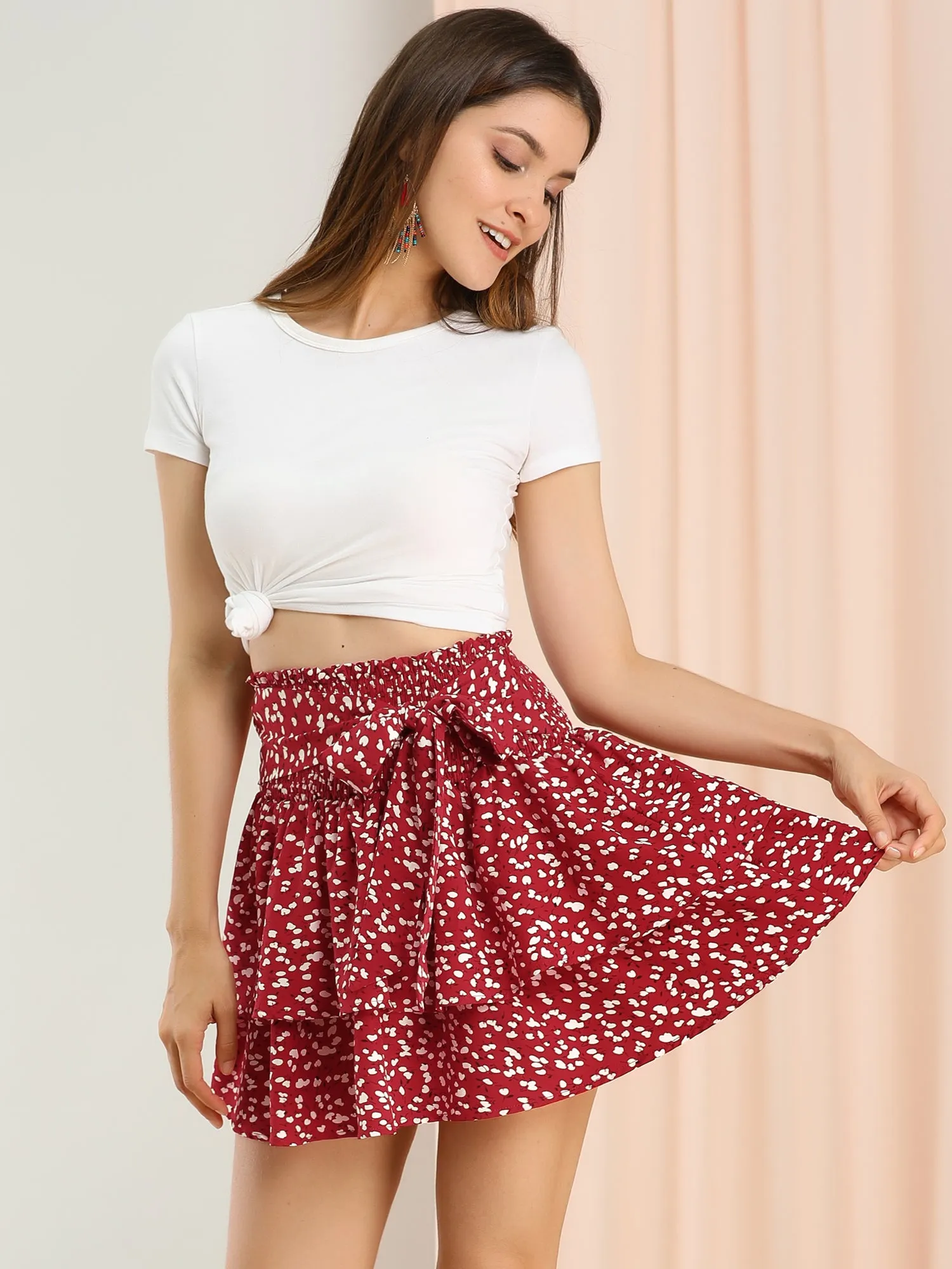 Floral Smocked Tie Waist Ruffle Layered Mini Skirt sold by Allegra K product image thumbnail 3