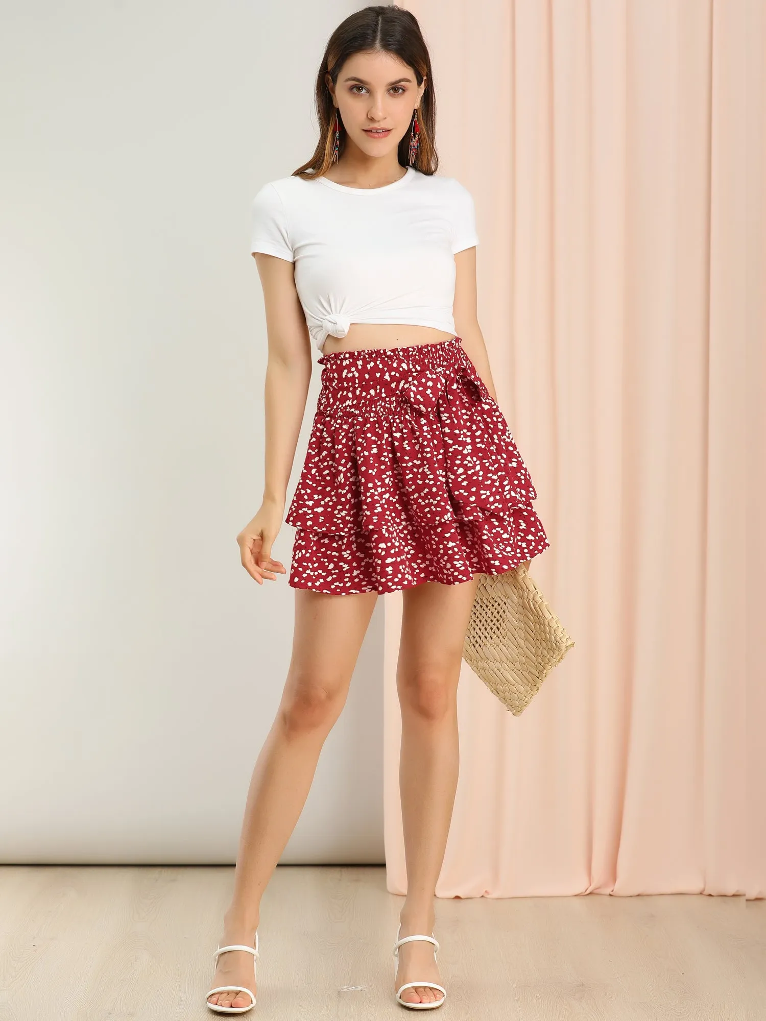 Floral Smocked Tie Waist Ruffle Layered Mini Skirt sold by Allegra K product image thumbnail 2