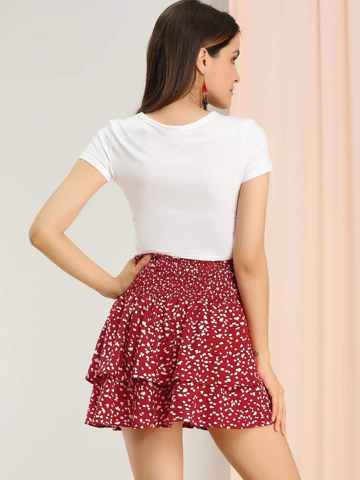 Floral Smocked Tie Waist Ruffle Layered Mini Skirt sold by Allegra K product image thumbnail 4