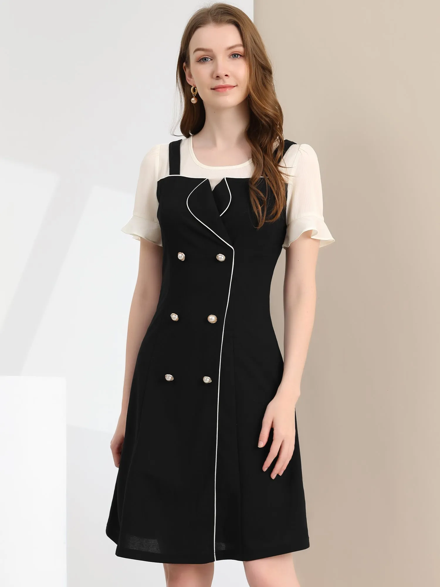 Contrast Button Decor Short Sleeve Chiffon Summer Dress sold by Allegra K