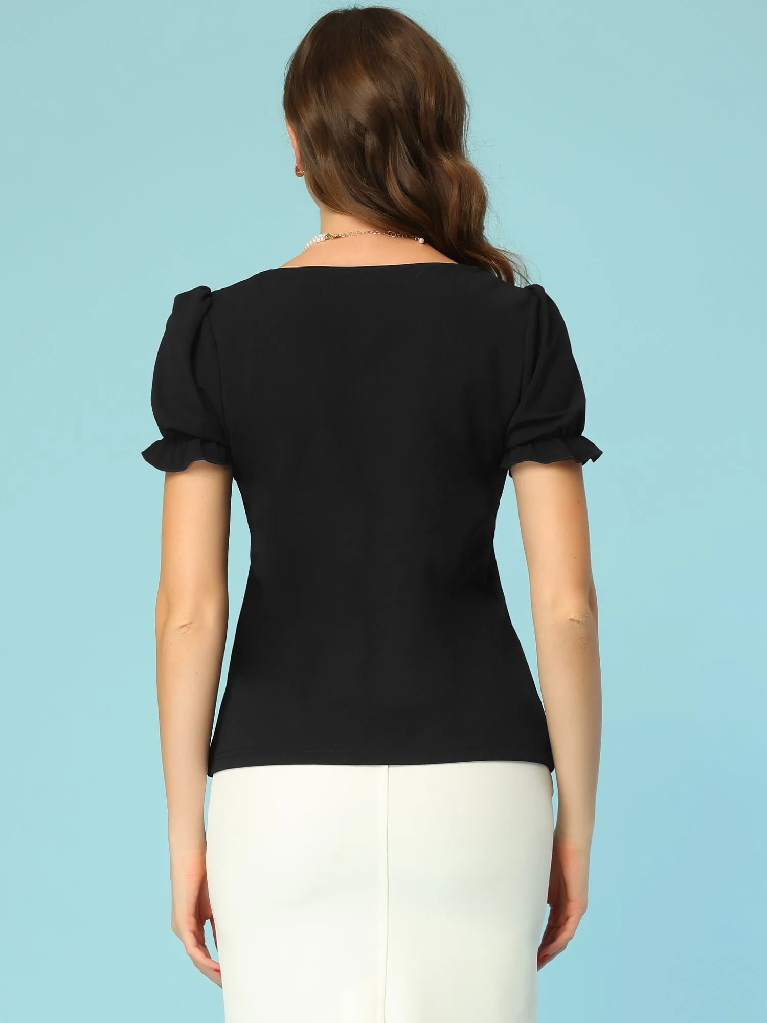 Vintage Retro Blouse Pearl Square Neck Puff Short Sleeve Top sold by Allegra K product image thumbnail 3