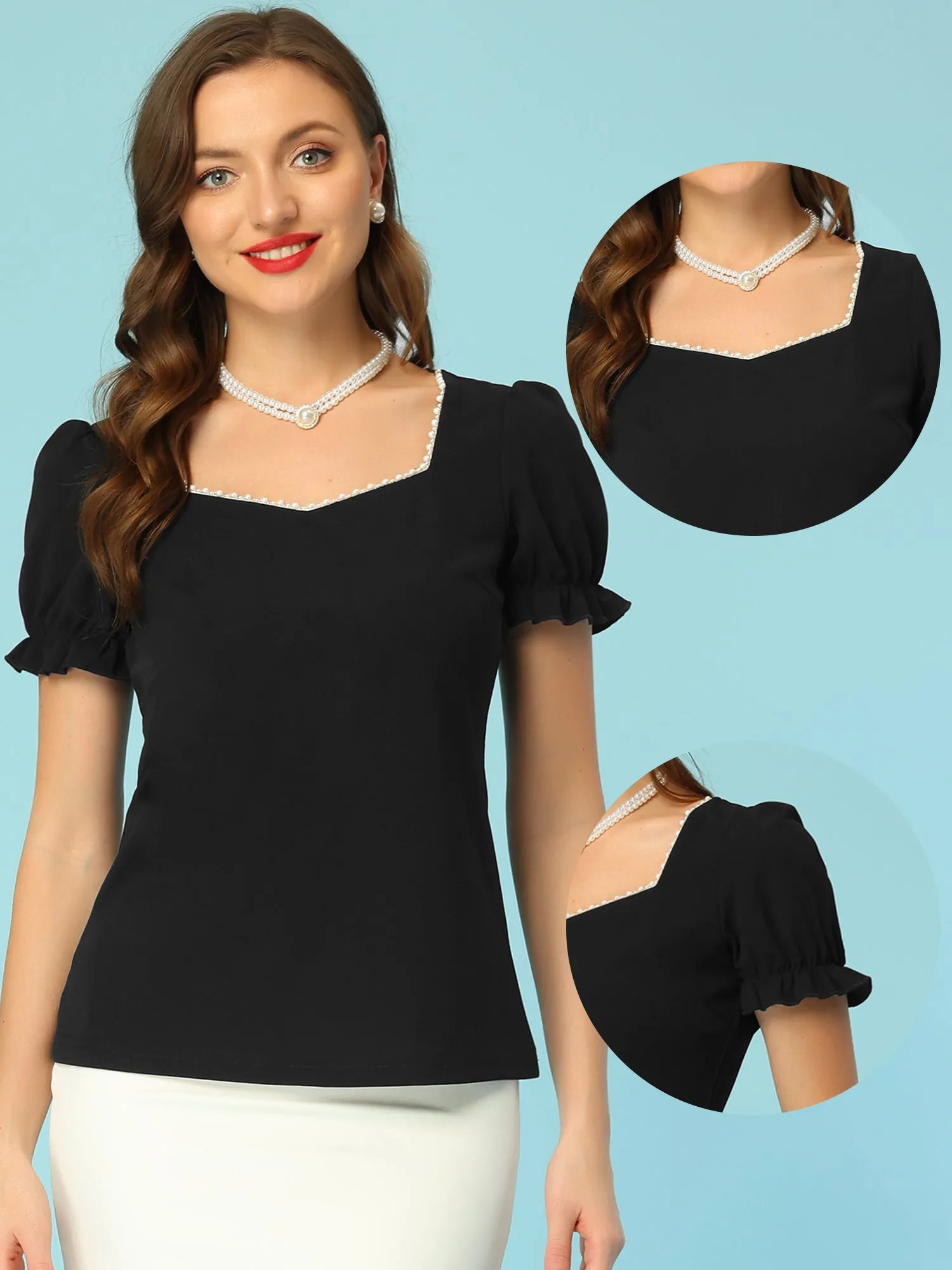 Vintage Retro Blouse Pearl Square Neck Puff Short Sleeve Top sold by Allegra K product image thumbnail 2