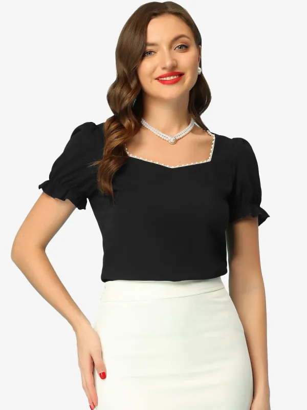 Vintage Retro Blouse Pearl Square Neck Puff Short Sleeve Top sold by Allegra K