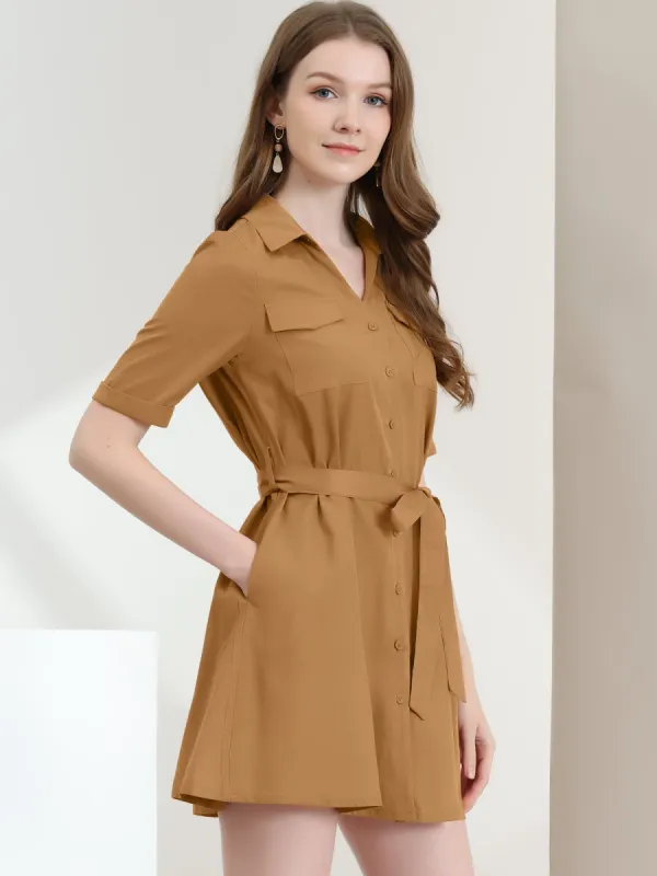 Safari Short Sleeve A-Line Belted Button Up Dress sold by Allegra K