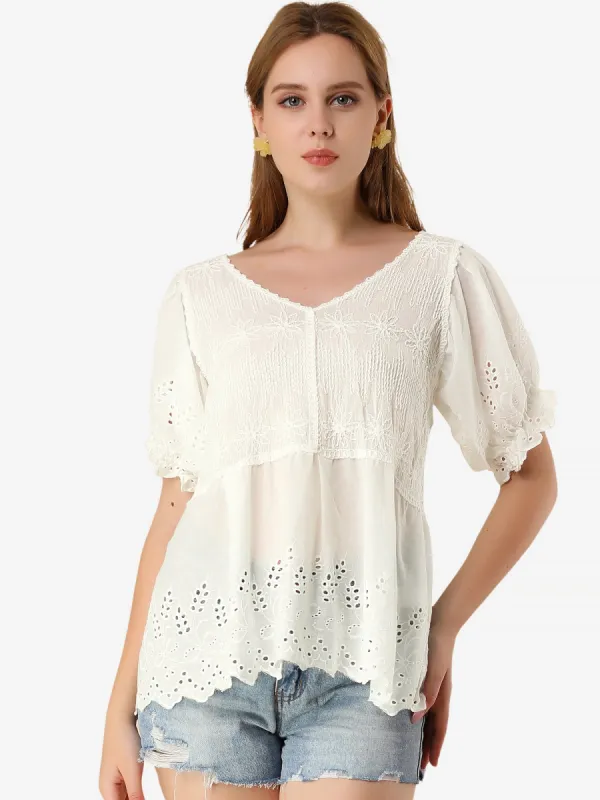 Eyelet Blouse Hollow Out V Neck Puff Sleeve PeplumTop sold by Allegra K