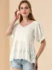 Eyelet Blouse Hollow Out V Neck Puff Sleeve PeplumTop sold by Allegra K