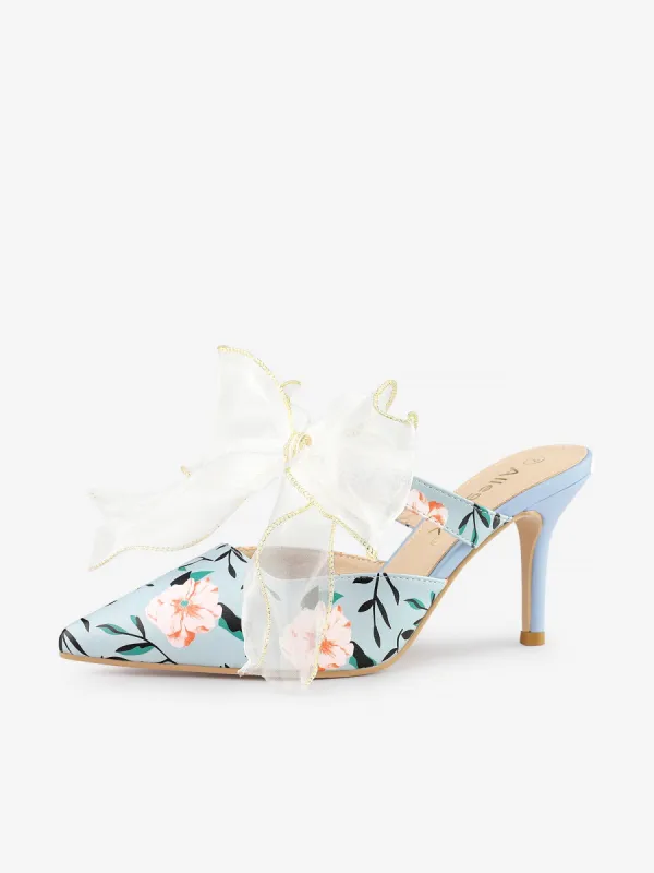 Women's Pointed Toe Lace Bow Floral Printed Stiletto Heels Mules sold by Allegra K