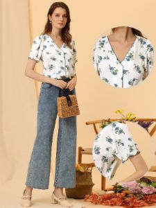 Floral Blouse for V Neck Short Sleeve Button Down Top sold by Allegra K