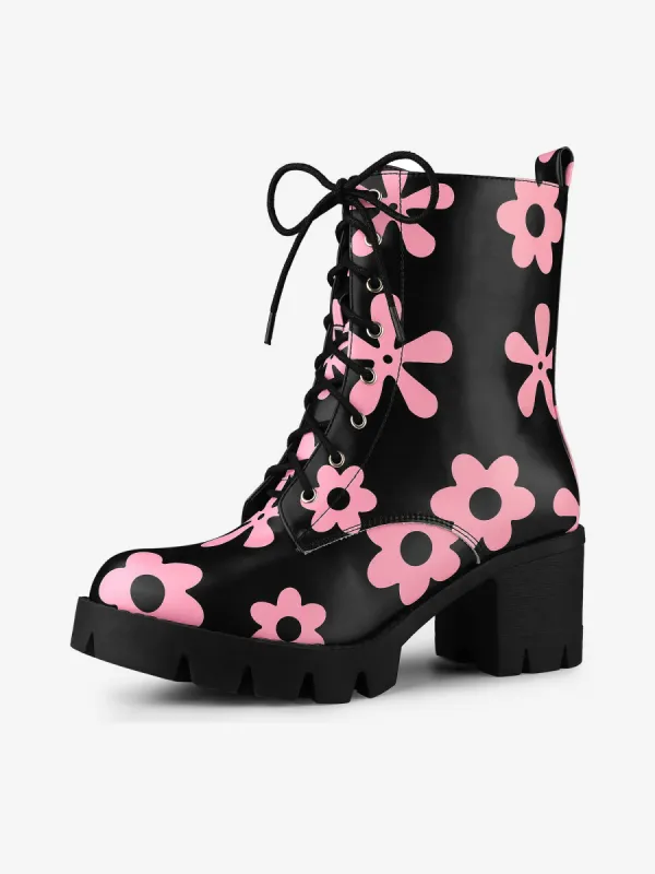 Printed Platform Round Toe Lace Up Chunky Heel Combat Boots sold by Allegra K