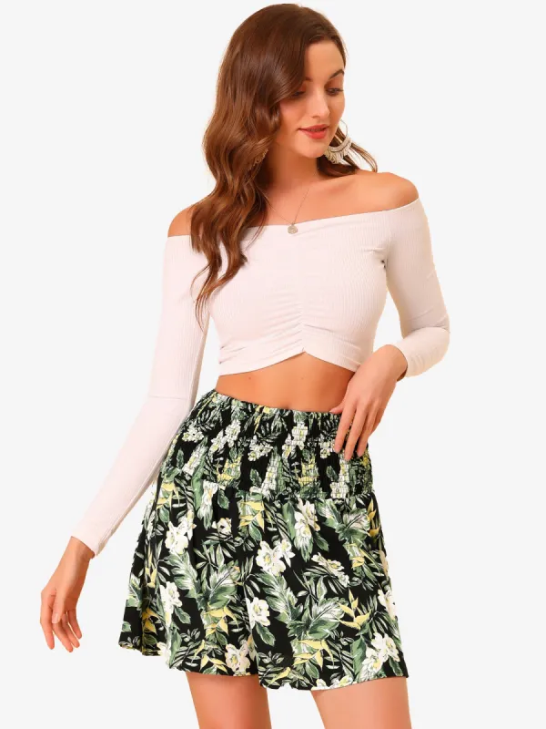 Floral Skirt Smocked Waist Summer Hawaiian Tropical Mini Skirt sold by Allegra K