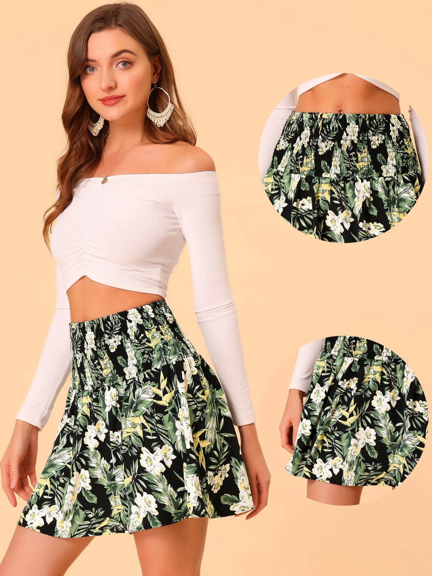 Floral Skirt Smocked Waist Summer Hawaiian Tropical Mini Skirt sold by Allegra K product image thumbnail 2