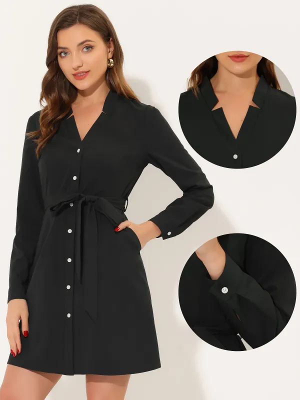 Casual Notched V Neck Stand Collar Button Down Belted Dress sold by Allegra K