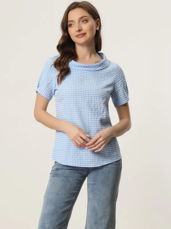 1950s Round Collar Short Sleeve Gingham Tops sold by Allegra K