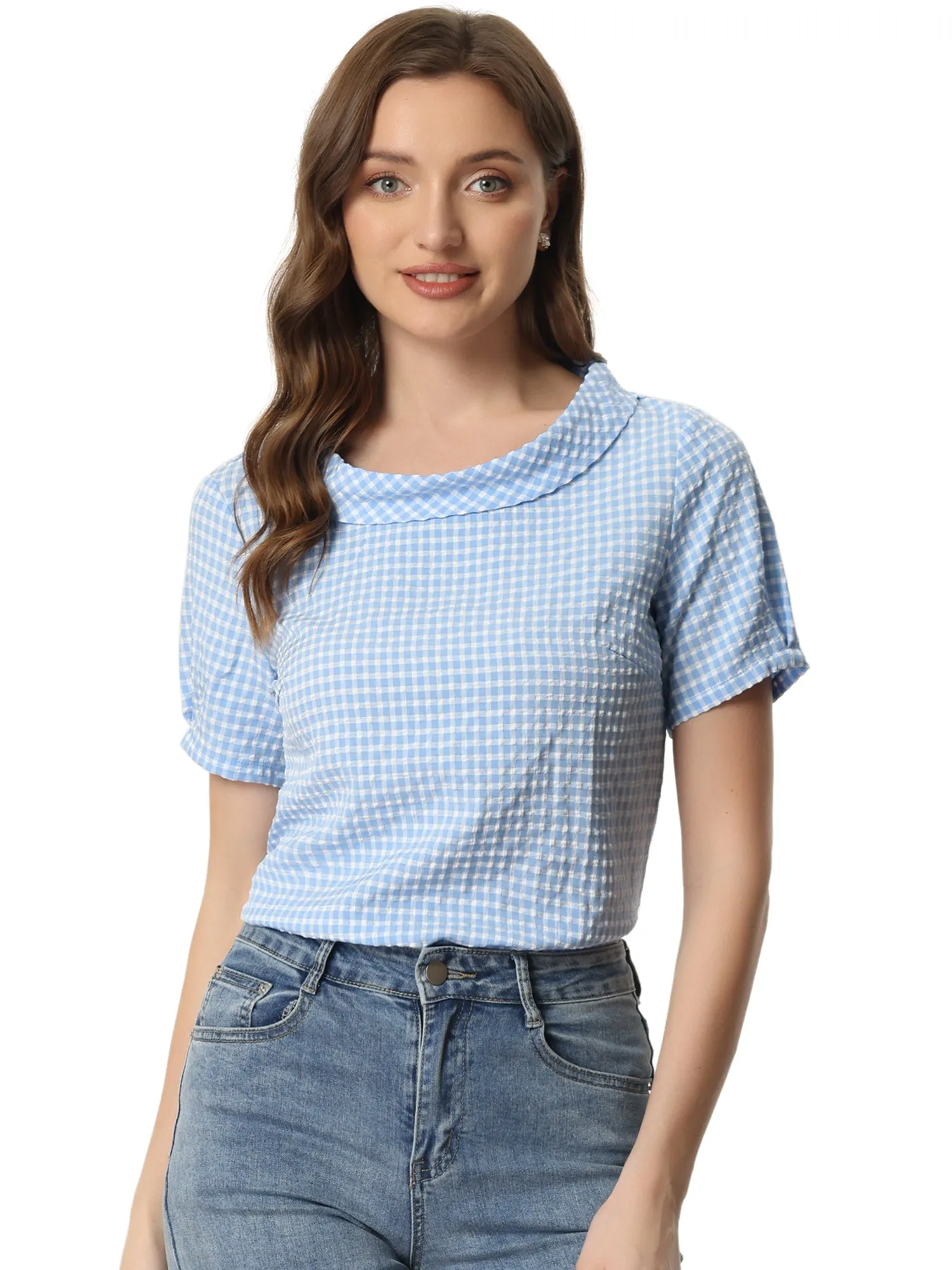 1950s Round Collar Short Sleeve Gingham Tops sold by Allegra K product image thumbnail 5