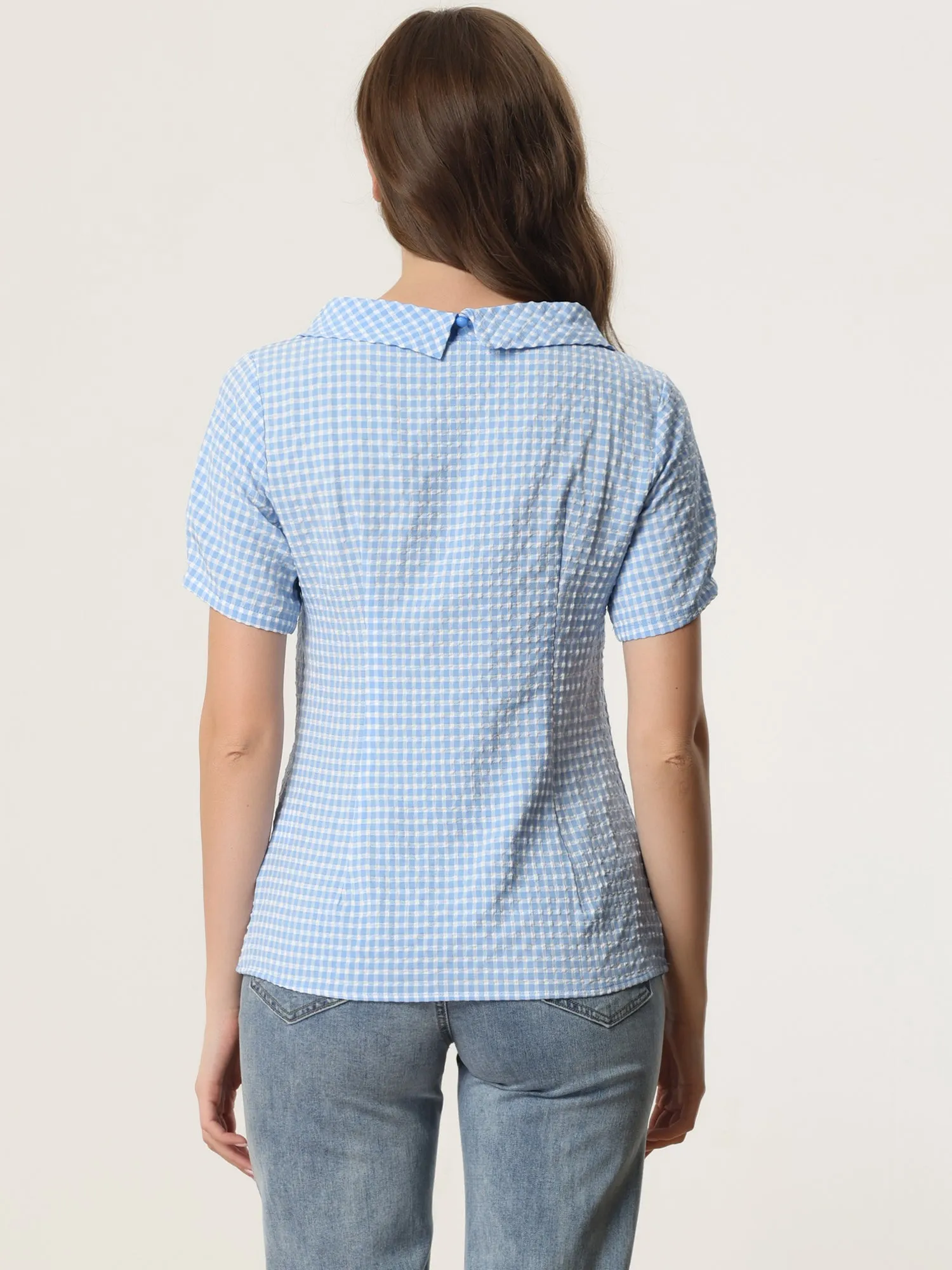 1950s Round Collar Short Sleeve Gingham Tops sold by Allegra K product image thumbnail 3